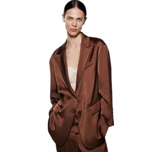 ZARA Oversized Satin Effect Flowy Blazer, Brown, Size XS